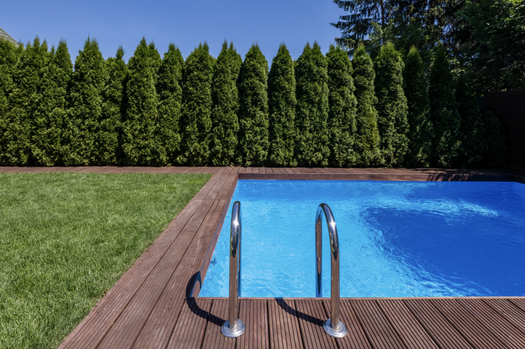 swimming pool in the garden with trees spring real photo