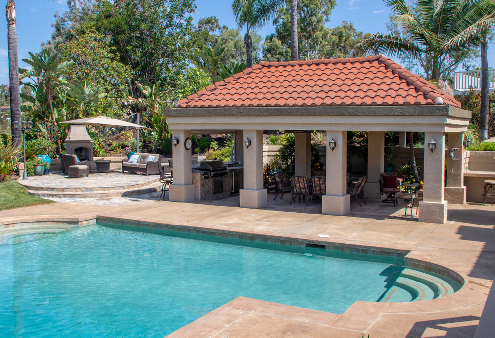 backyard, with, cabana, and, pool